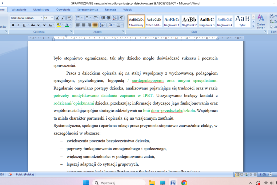 Sprawozda nienauczyciela WSPÓŁORGANIZUJĄCEGO dla ucznia z wadą słuchu/ słabosłyszenienim