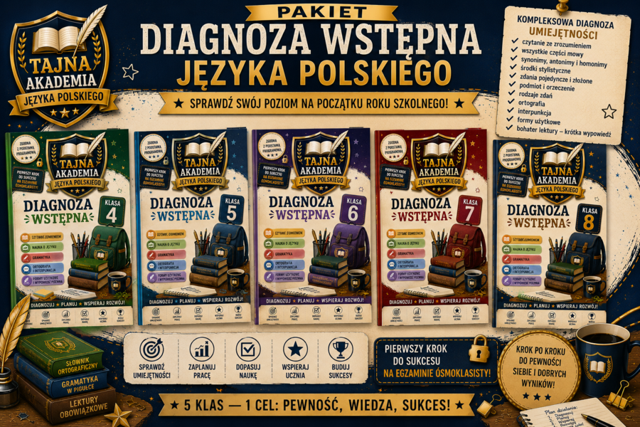 Pakiet diagnoz wstępnych z języka polskiego klasy 4–8 | Tajna Akademia Języka Polskiego | testy kompetencji + odpowiedzi + tabele diagnozy