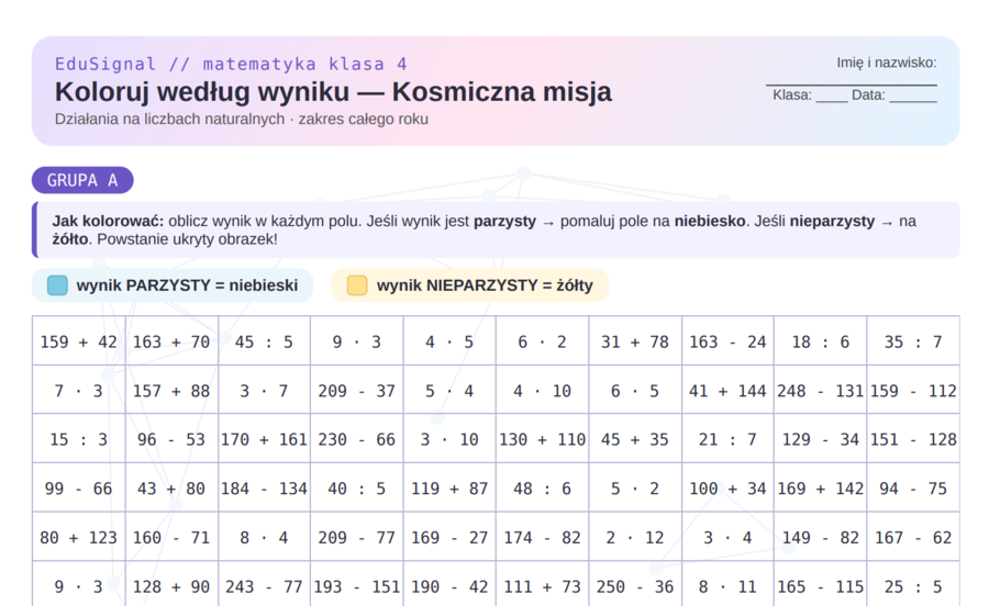 Koloruj według wyniku — Kosmiczna misja | Matematyka klasa 4 | Karty pracy A i B + klucz | Powtórka koniec roku