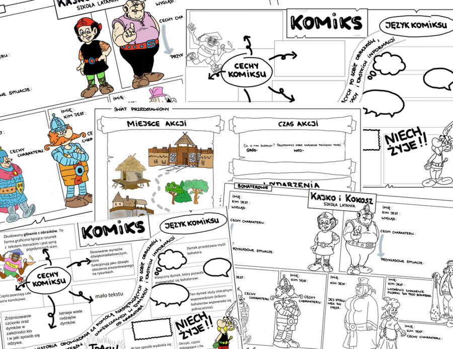 "Kajko i Kokosz. Szkoła latania" - 3 karty (puste i uzupełnione)