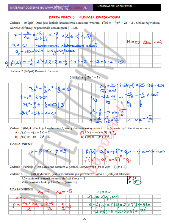 KARTA PRACY-FUNKCJA KWADRATOWA-POZIOM PODSTAWOWY