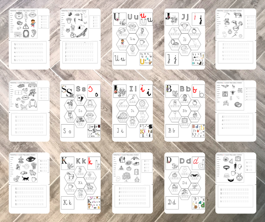 Alfabet - ćwiczenia grafomotoryczne, wklejki A, B, D, I, J, K, S, U