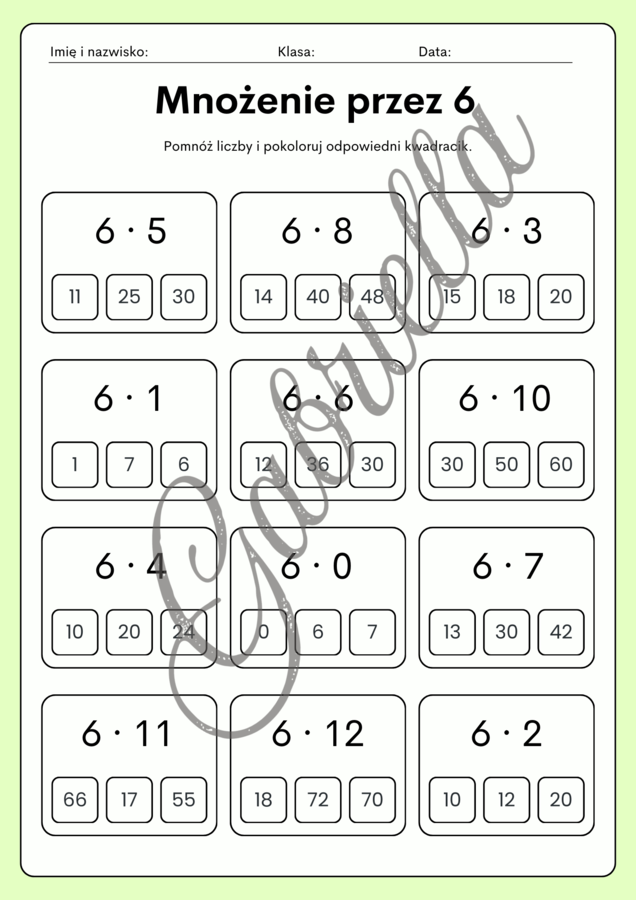 Karta pracy - mnożenie przez 6,7,8 oraz 9.