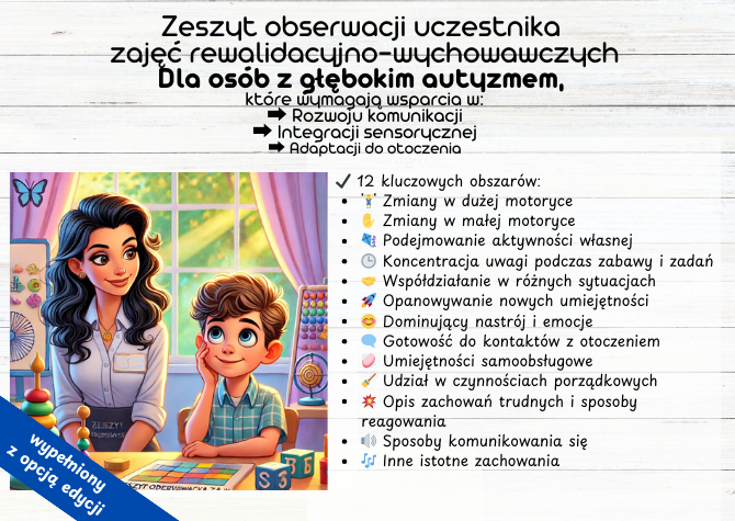 Uzupełniony Zeszyt Obserwacji Uczestnika Zajęć Rewalidacyjno-Wychowawczych dla pracy z osobami z głębokim autyzmem, które potrzebują wsparcia w: Rozwoju komunikacji Integracji sensorycznej Adaptacji do otoczenia