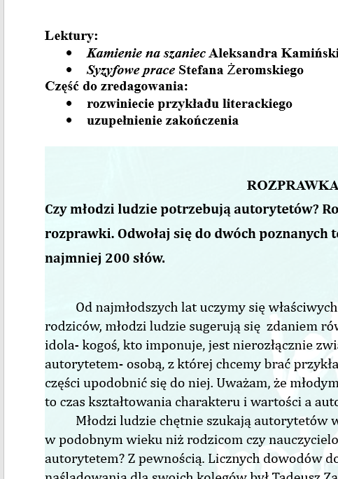 CZTERY ROZPRAWKI DO UZUPEŁNIENIA- ĆWICZENIE DLA UCZNIÓW KLAS 7-8.