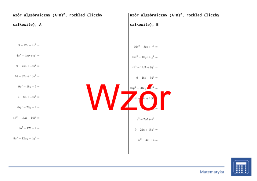 Wzór algebraiczny (A-B)^2, rozkład (liczby całkowite) | matematyka, algebra | 26 kolumn