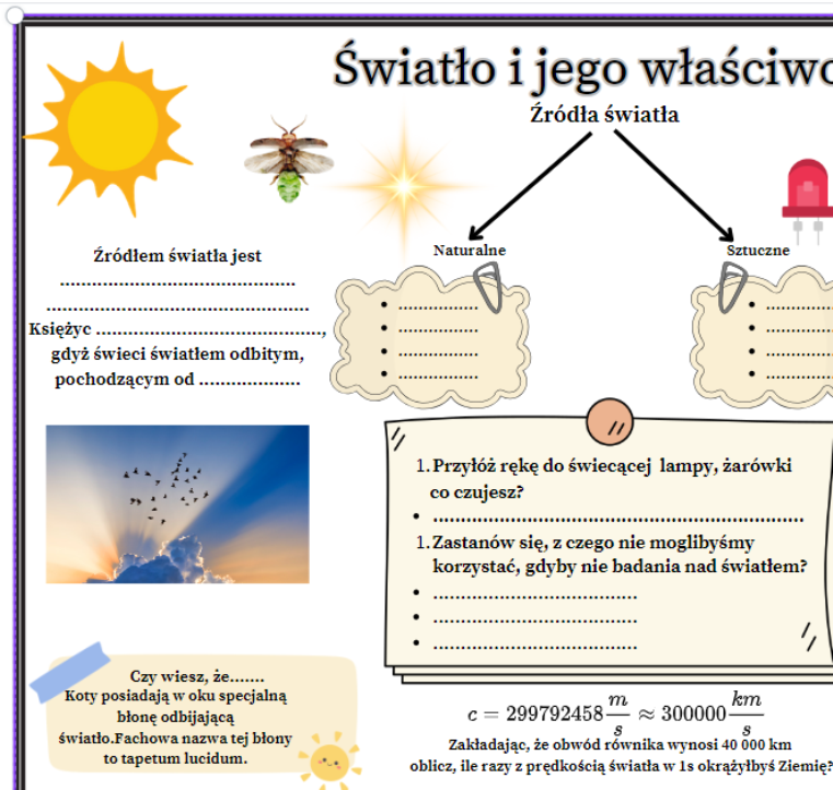 Fizyka kl.8 (SP) Temat: Światło i jego właściwości (2 karty , jedna wykropkowana, druga uzupełniona)