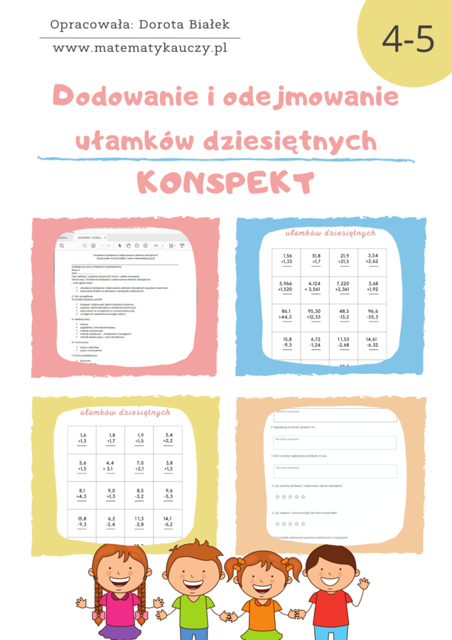 Konspekt, scenariusz lekcji matematyki - "Utrwalenie dodawania i odejmowania ułamków dziesiętnych" kl.4 - kl.5