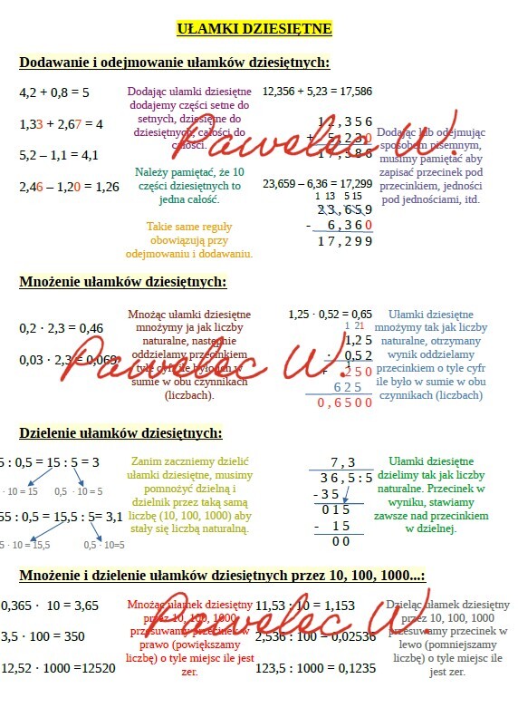 Ułamki dziesiętne - dodawanie, odejmowanie, mnożenie i dzielenie - plakat z wyjaśnieniem
