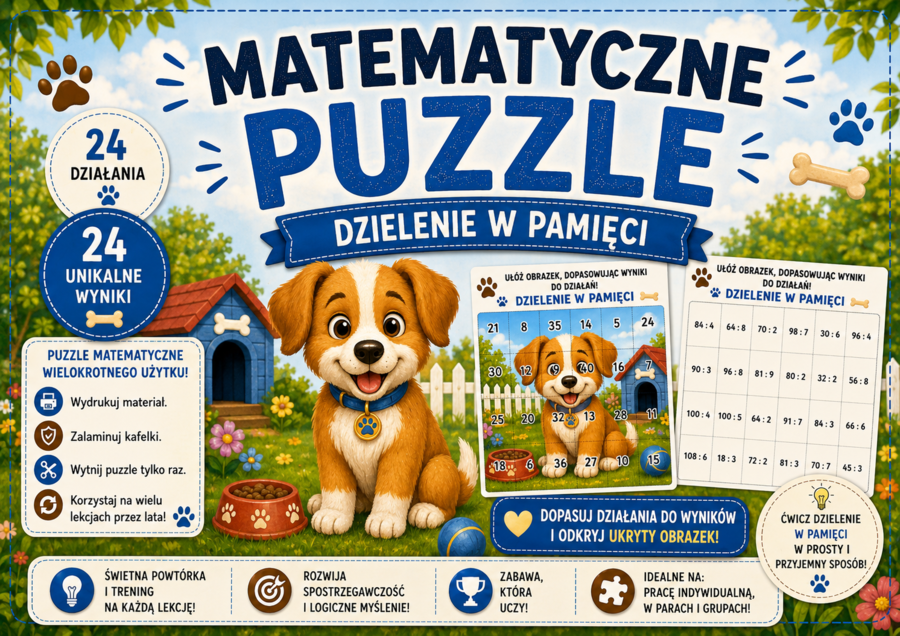Matematyczne puzzle – dzielenie w pamięci – dopasuj działania do wyników
