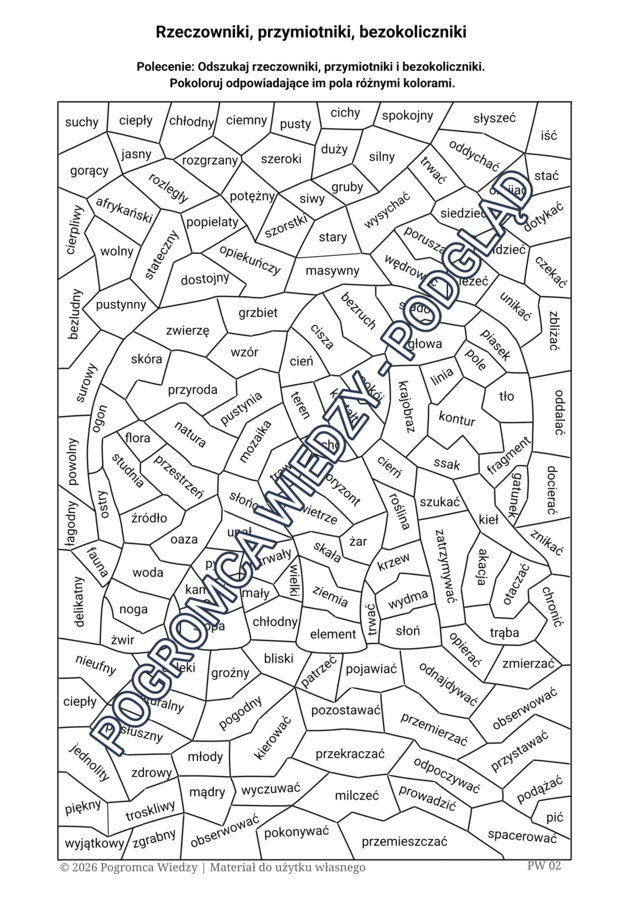 Części mowy w kolorach - zestaw 20 kart pracy (kl. 4-6)