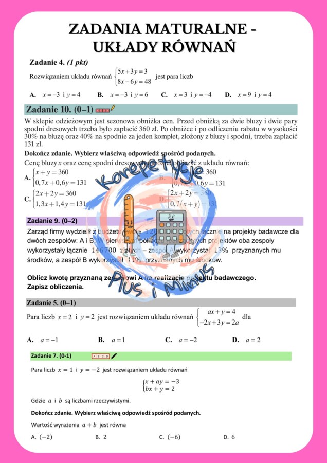 Zadania maturalne - układy równań