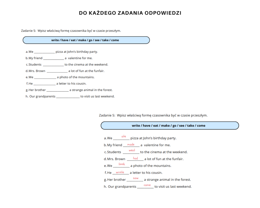 Gramatyka dla klasy 5, Język angielski. Zdania twierdzące Past Simple czasowniki regularne i nieregularne English Class A1+ Unit 6 Dodatkowe i różnorodne ćwiczenia powtórzenie