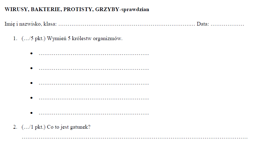 wirusy, bakterie, protisty, grzyby-sprawdzian