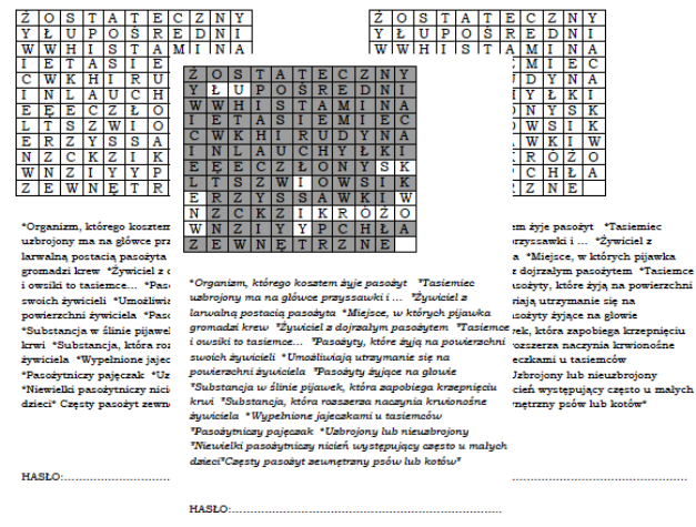 Pasożytnictwo - wykreślanka dla klasy 8