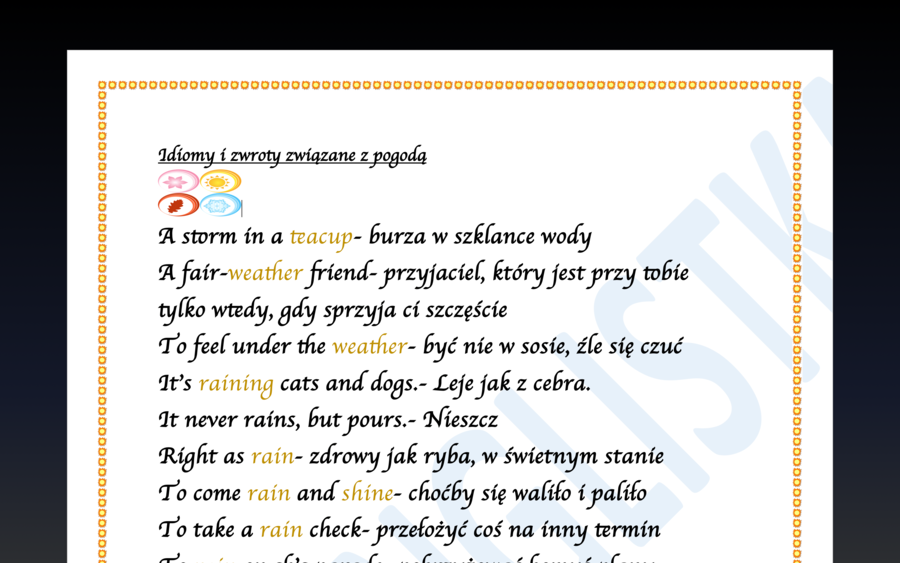Idiomy związane z pogodą- lista z tłumaczeniem na polski