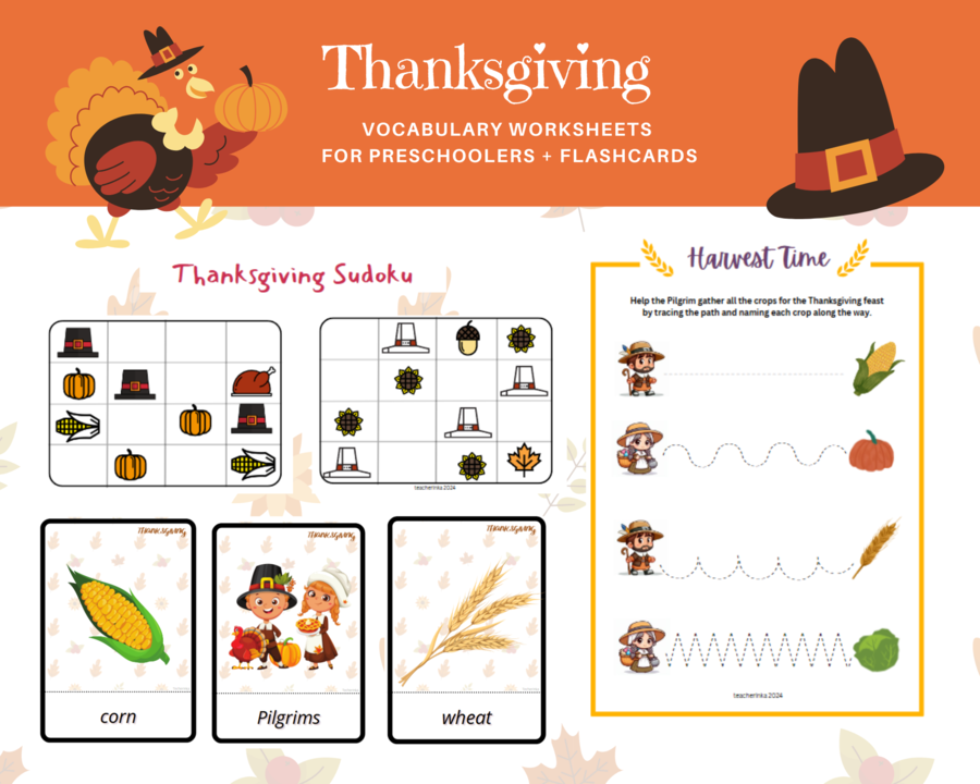 Thanksgiving - zestaw karty pracy plus karty obrazkowe z okazji dnia dziękczynienia dla przedszkolaka, język angielki