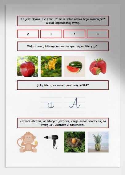 "A" i "a". Karta pracy. Sprawdzian