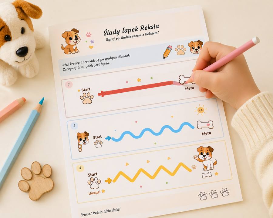Ślady łapek Reksia – ćwiczenie grafomotoryczne
