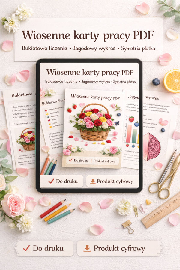 Wiosenne karty pracy: bukietowe liczenie, jagodowy wykres i symetria płatka