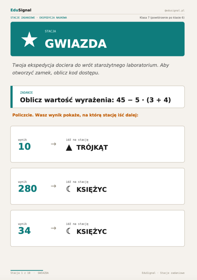 Powtórzenie po klasie 6 — stacje zadaniowe, klasa 7 (10 stacji + klucz)