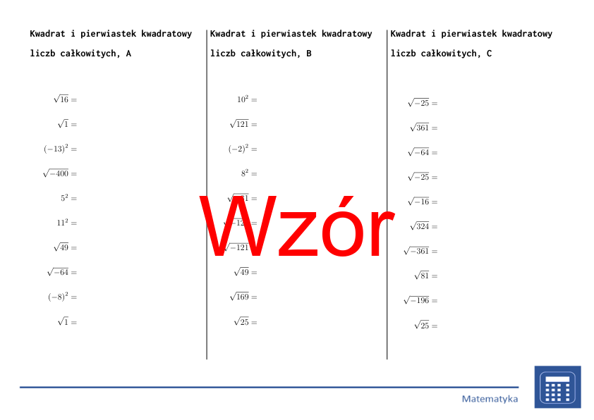 Kwadrat i pierwiastek kwadratowy liczb całkowitych | matematyka | 26 kolumn
