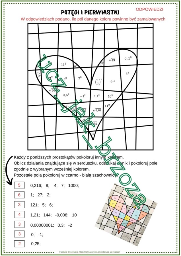 Potęgi i pierwiastki, karta pracy, rewalidacja, walentynki, klasa 7 - 8
