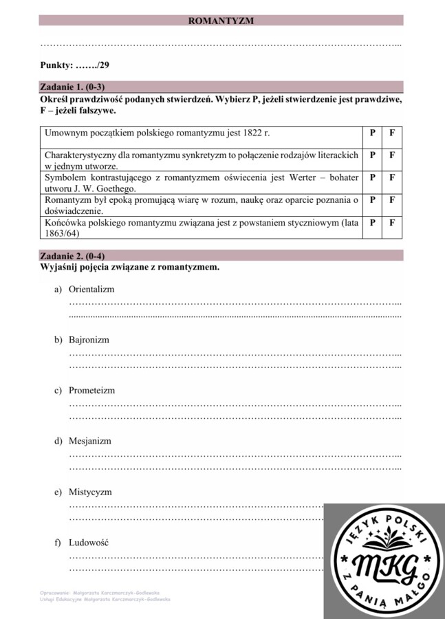 Sprawdzian przekrojowy z romantyzmu