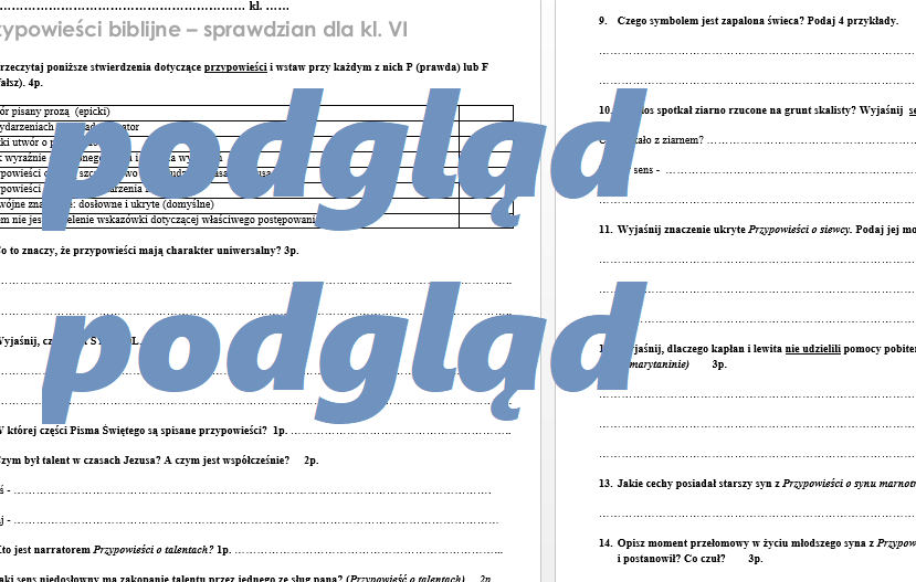 Przypowieści biblijne - sprawdzian + klucz odpowiedzi