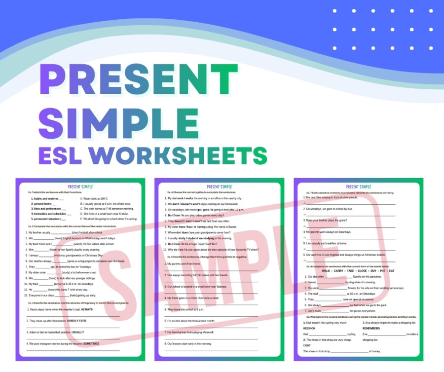 PRESENT SIMPLE – Egzamin Ósmoklasisty (E8) + answer key | ESL A2+ / B1 | Zadania przygotowujące do egzaminu 8-klasisty z języka angielskiego