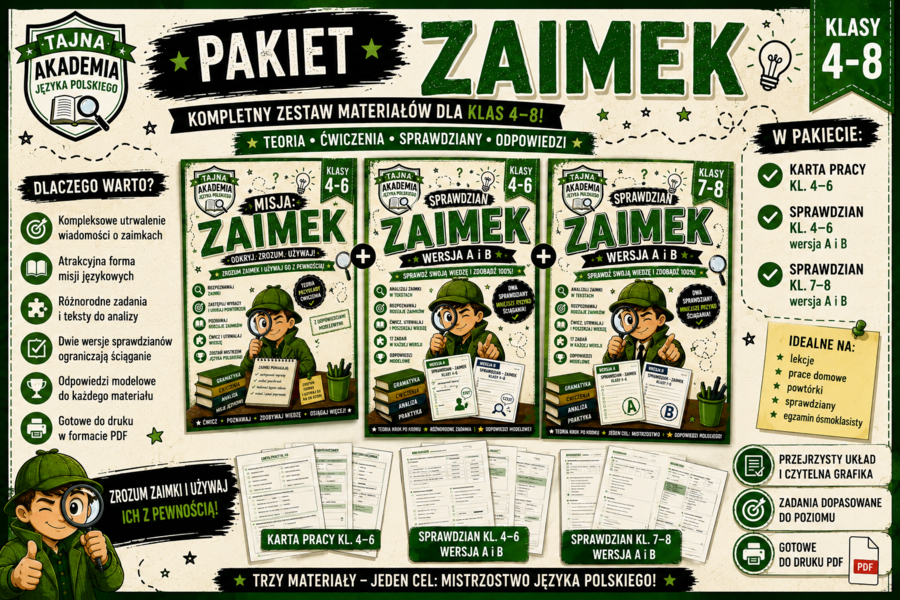 Zaimek – MEGA PAKIET kl. 4–8 | karta pracy + sprawdziany A i B + odpowiedzi
