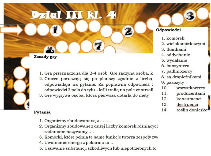 Przyrodnicza gra planszowa dla klasy 4 na podsumowanie działu "Poznajemy świat organizmów"
