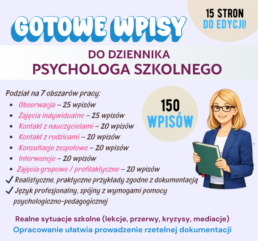 150 gotowych wpisów DZIENNIK PSYCHOLOGA SZKOLNEGO, gotowe tematy zajęć, inspiracje