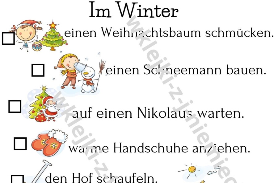Wyzwania na zimę - język niemiecki - wklejka, karta pracy, plakat dla całej rodziny na lodówkę