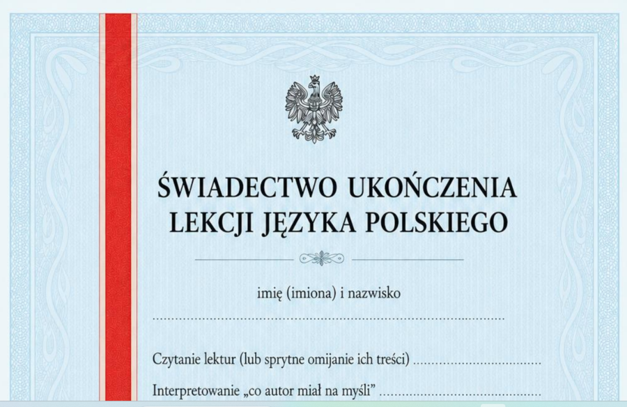 Świadectwo ukończenia lekcji j.polskiego