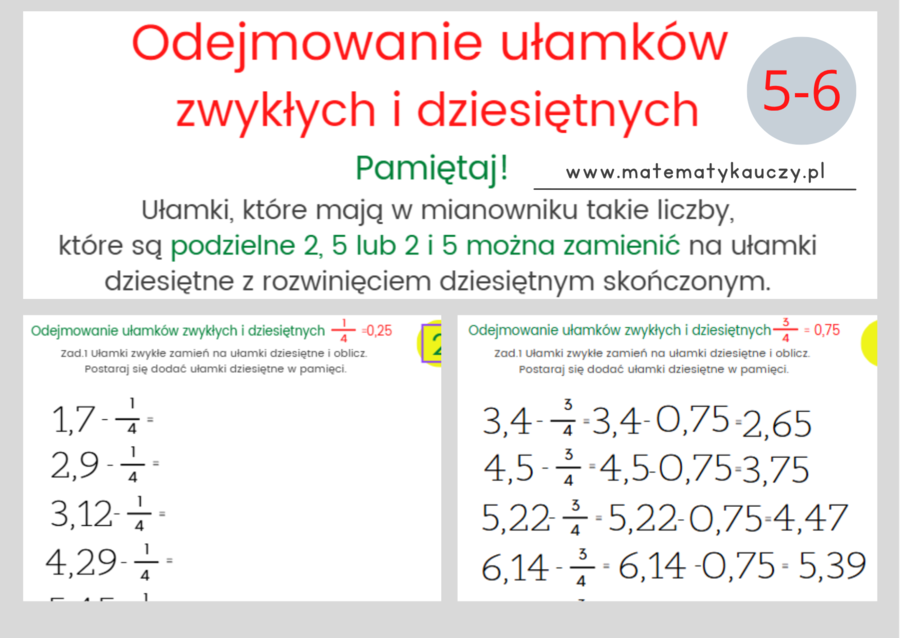 ODEJMOWANIE ułamków zwykłych i dziesiętnych - wynik DZIESIĘTNY / KARTY PRACY kl.5 – kl.6 PDF + ROZWIĄZANIA