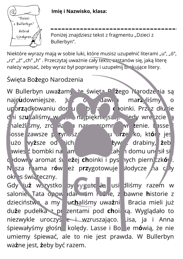 Karty pracy z odpowiedziami do lektury Astrid Lindgren "Dzieci z Bullerbyn"