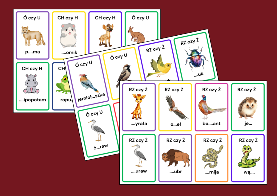 KARTY ORTOGRAFICZNE – zwierzęta - ptaki – ORTOGRAFIA – 56 szt.