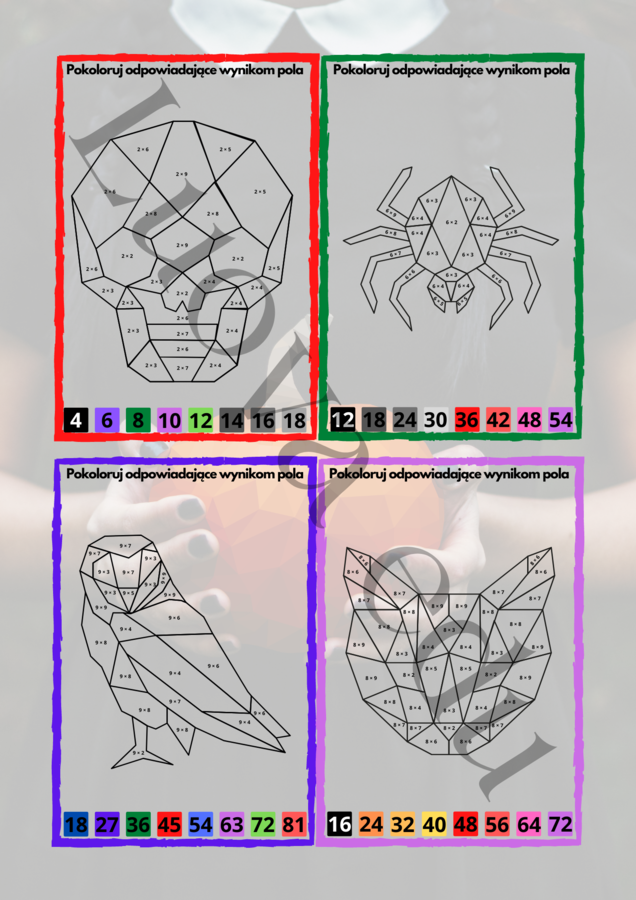 Halloween Kolorowanka Matematyczna TABLICZKA MNOŻENIA: Kolorowanie według wyników mnożenia dla dzieci 7-11 lat