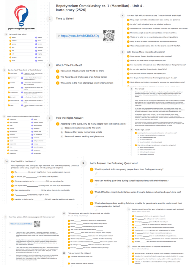 Repetytorium Ósmoklasisty cz. 1 (Macmillan) - Unit 4 - karta pracy (2526)