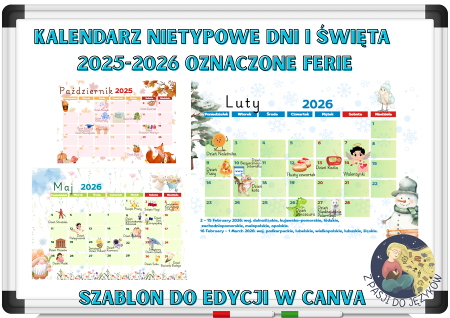 Kalendarz z wyjątkowymi dniami 2025/2026, przedszkole, świetlica, samorząd uczniowski. Wersja polska. Do wydruku, dodatkowo link do szablonu canva.