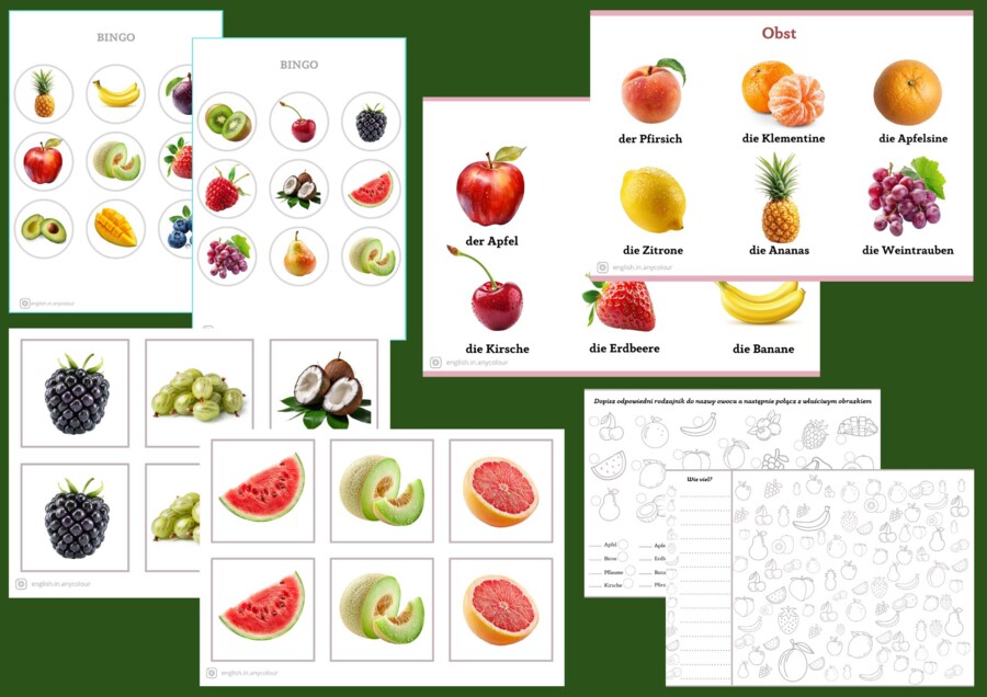 Niemiecki - komplet materiałów z zakresu leksykalnego OWOCE; Memory, BINGO, ćwiczenia