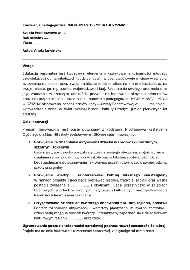 Innowacja pedagogiczna MOJE MIASTO - MOJA OJCZYZNA