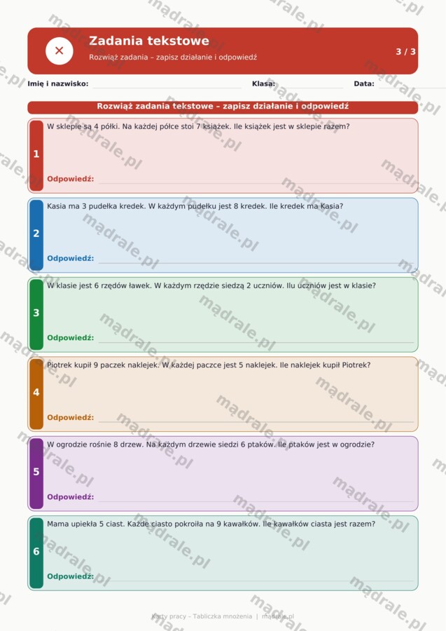 KARTA PRACY "TABLICZKA MNOŻENIA" ZADANIA Z LUKAMI - DLA DZIECI PODSTAWÓWKA