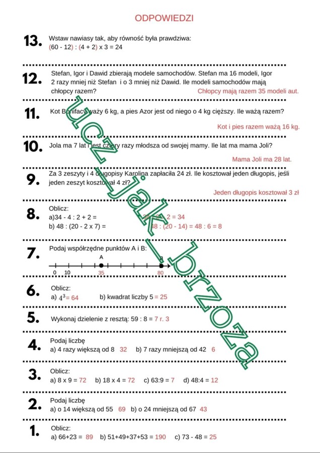 Sztafeta zadaniowa Liczby i działania klasa 4