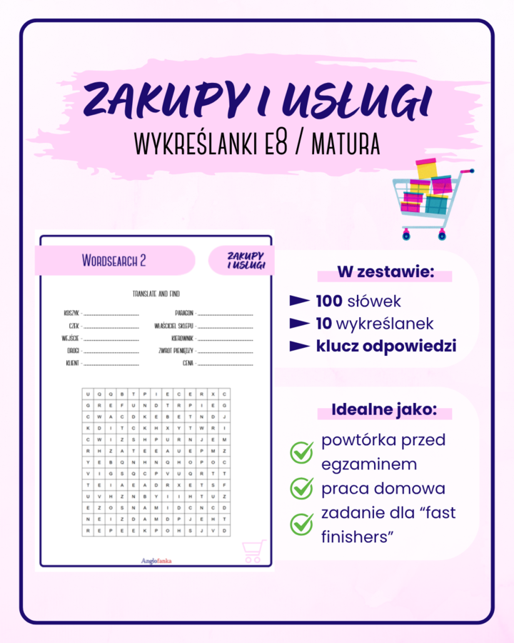 Wykreślanki - Zakupy i usługi | Egzamin 8-klasisty | Matura