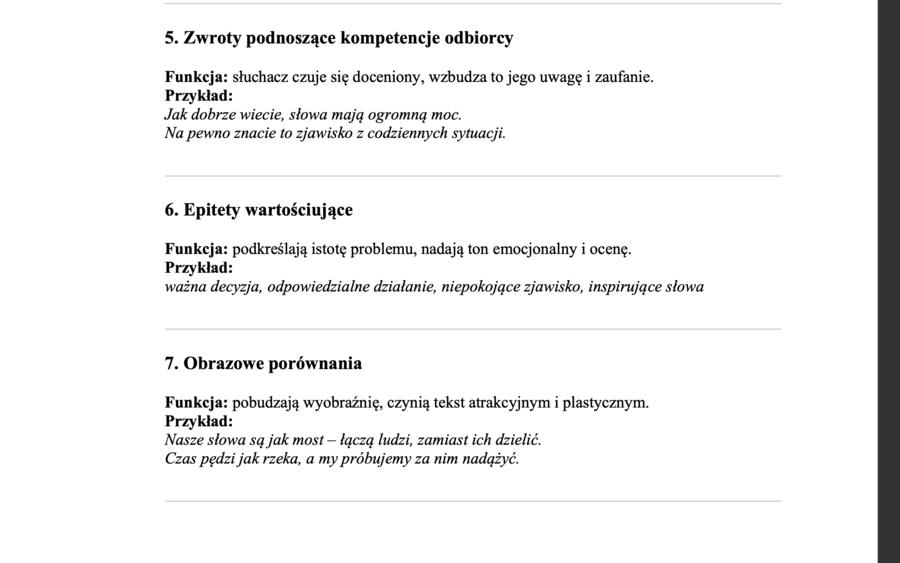 Przemówienie - schemat dla uczniów klasy ósmej