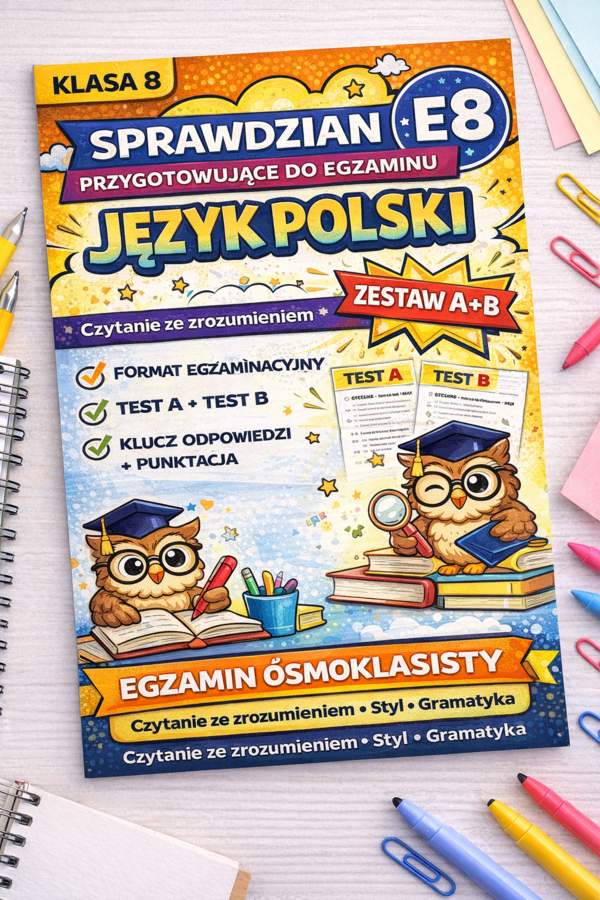 Pakiet dwóch testów E8 z języka polskiego – 34 zadania egzaminacyjne + odpowiedzi i punktacja. Gramatyka i styl. Idealny na sprawdzian, powtórkę i przygotowanie do egzaminu ósmoklasisty.