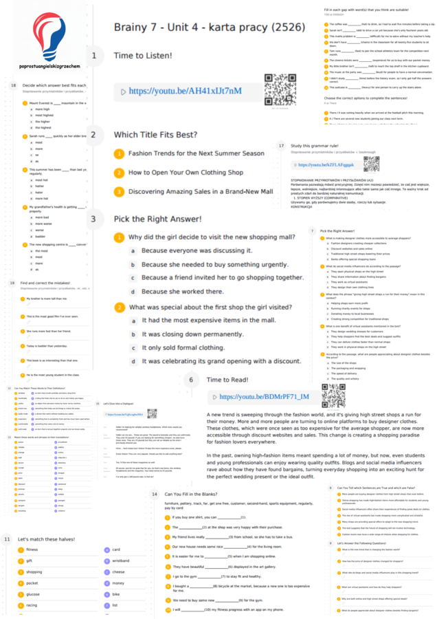 Brainy 7 – Unit 4 – karta pracy