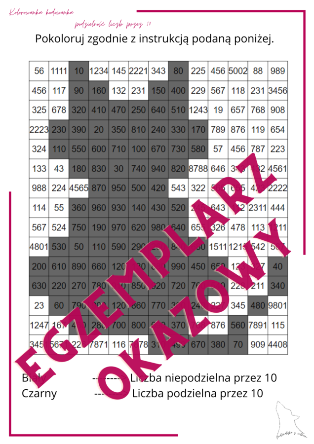 Kolorowanka - kodowanka - podzielność liczb przez 10